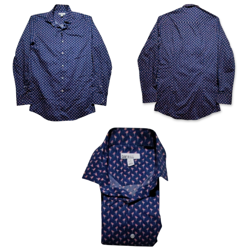 NWOT Bar III Shirt Men's S Blue Pink Flamingo Long Sleeve Button Up